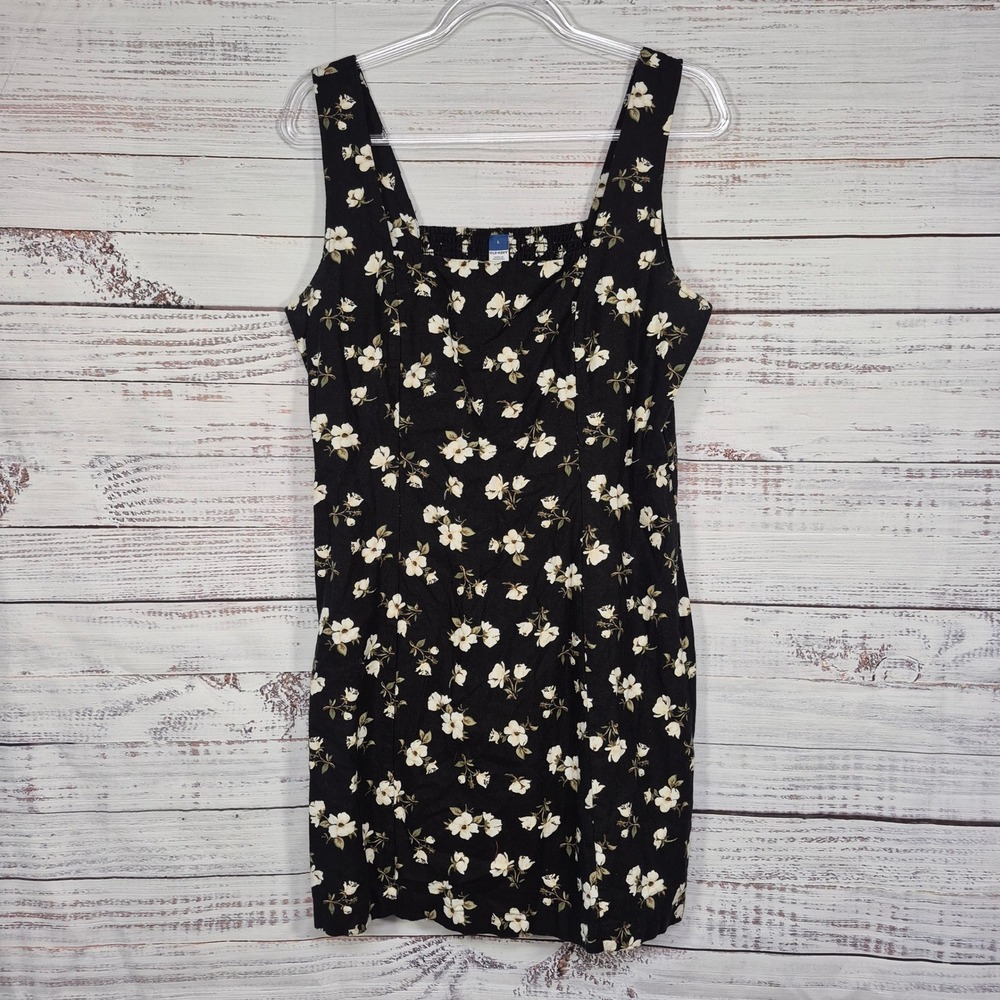 Old Navy Black White Floral Linen Blend Mini Dress Smocked Back L